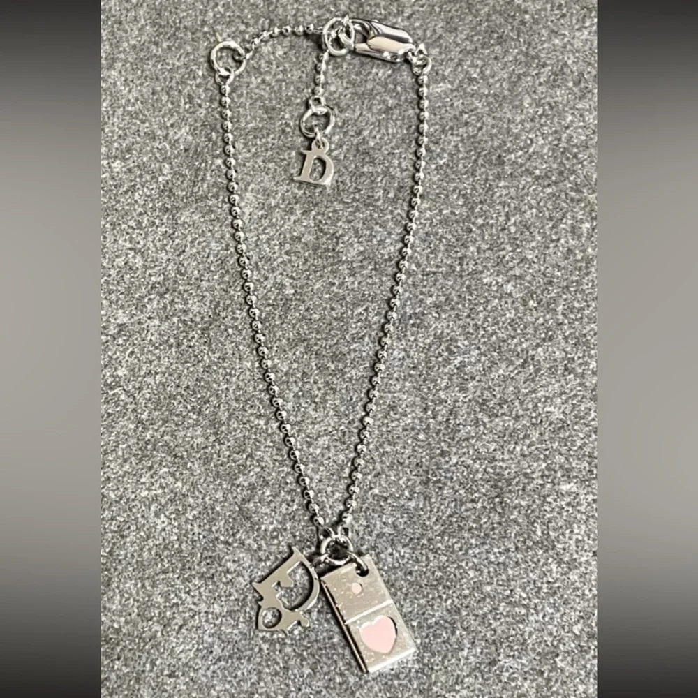 CHRISTIAN DIOR Bracelet Oblique Domino Logo Double Charm Silver Pink + Pouch Bag - Picture 4 of 8